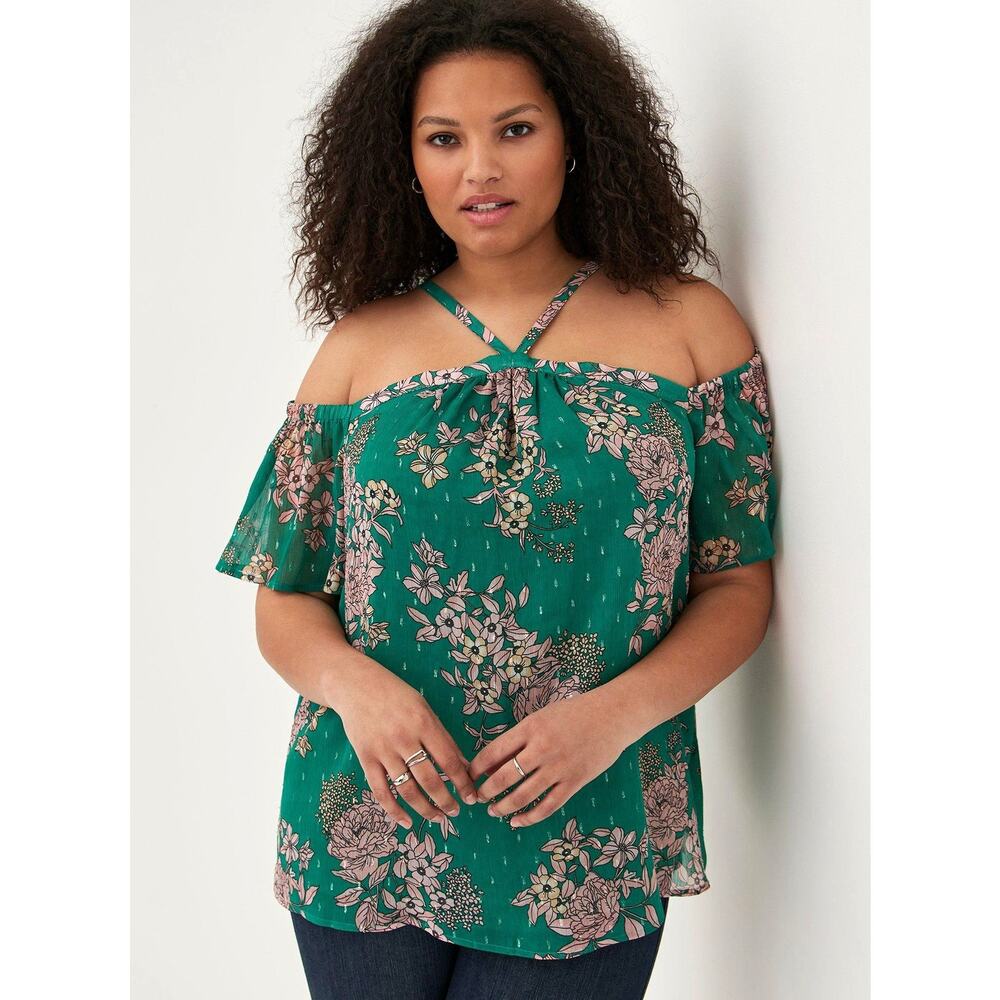 Torrid Green Floral Halter Top Womens Size 2X Crinkle Chiffon Cold Shoulder
